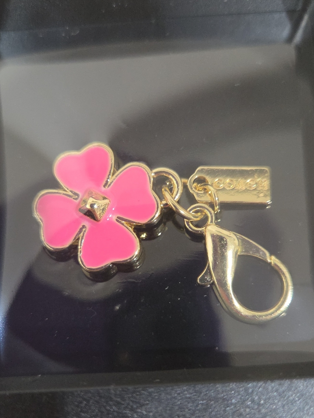 Coach Pink Flower Enamel Key Charm with Gold Hardware